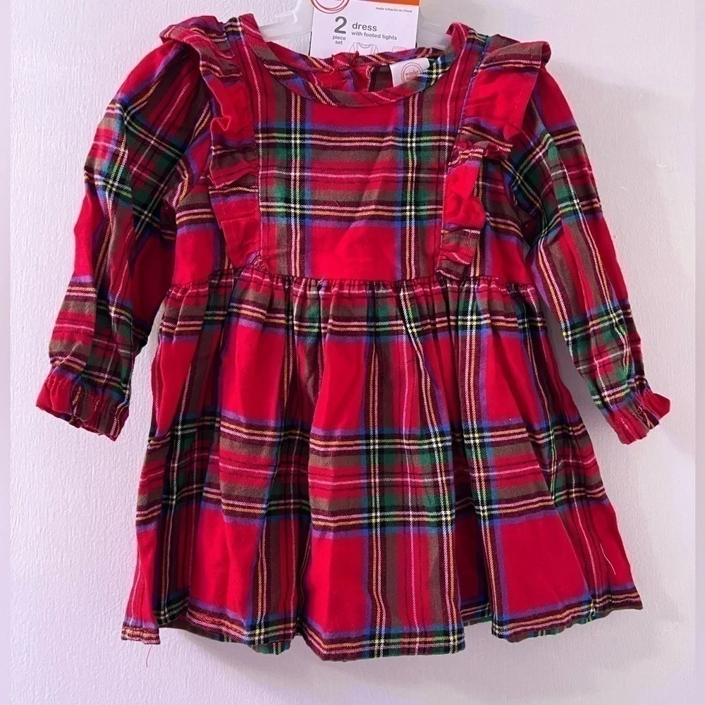 Baby Girls Plaid Dress Outfit with Matching Tights size 12M